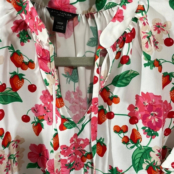 NWOT Ann Taylor Petite Floral Strawberry Mixed Media Ruffle Sleeve Tie Neck XXSP - Picture 6 of 16